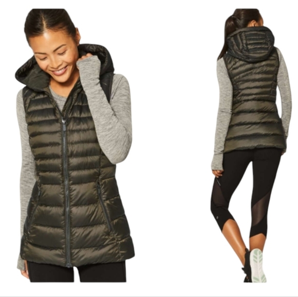 lululemon athletica Jackets & Blazers - Lululemon Down For It Vest Puffer Dark Olive Green Black Removable Hood Size 10